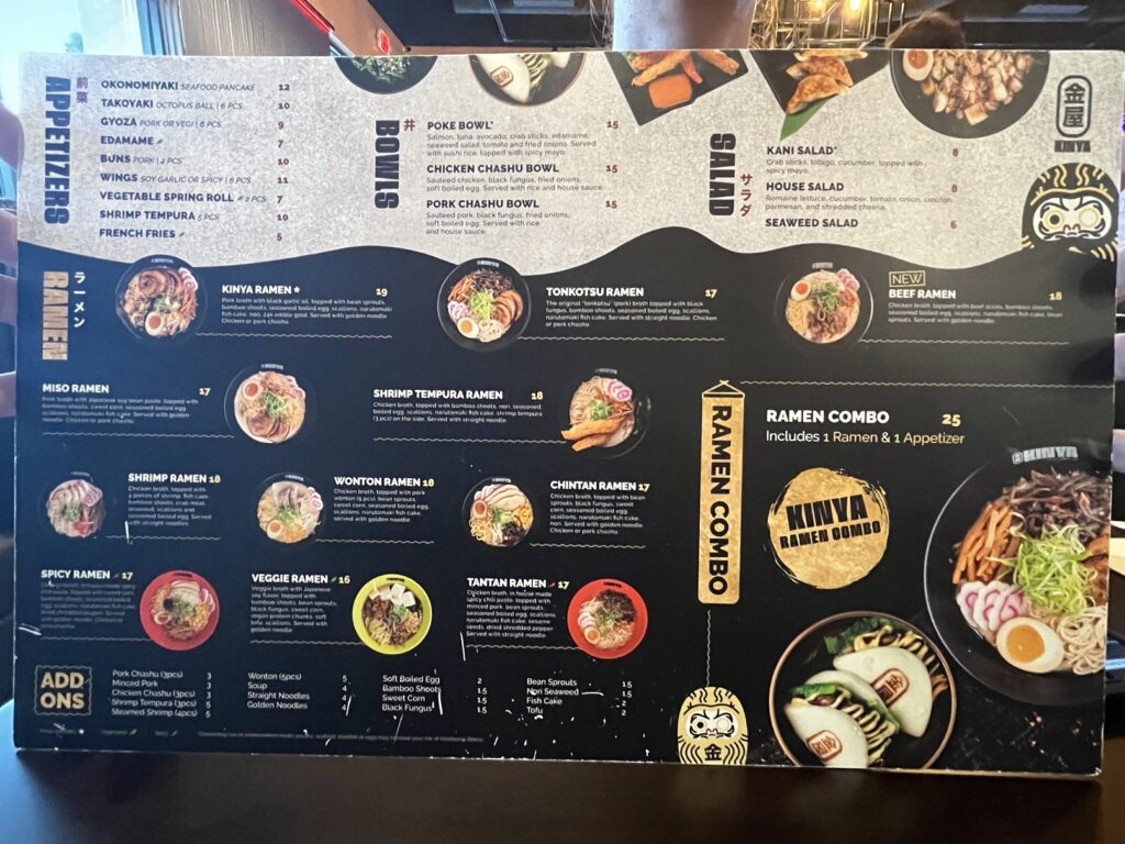 Kinya Ramen Menu